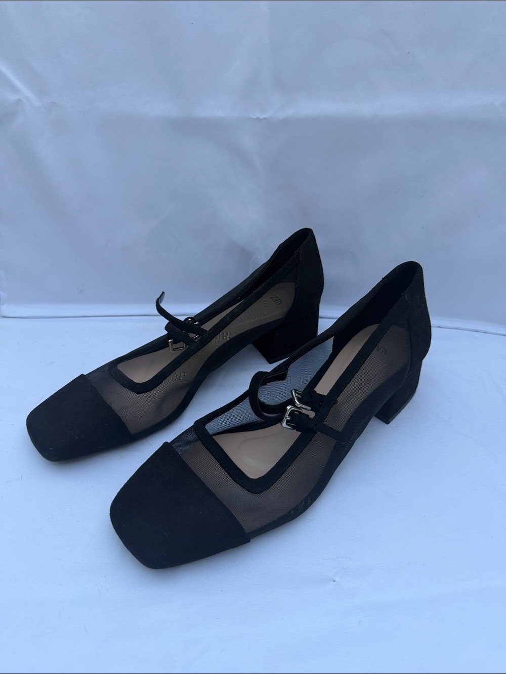 Zara Black Mesh & Suede Block Heel Mary Jane Pumps